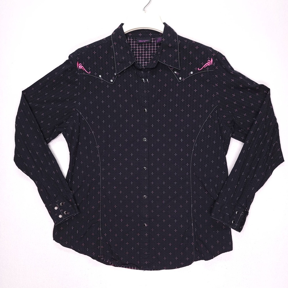 Wrangler Western Snap Shirt Womens XL Black Pink Cross Embroidered LW7521X Top